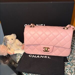 CHANEL Pink Quilted Lambskin Classic Mini Flap Shoulder Bag with Gold Hardware